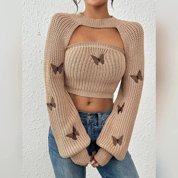 Sweaters - Solid Color Pullover Crop Top Sweater, Casual Daily Wear